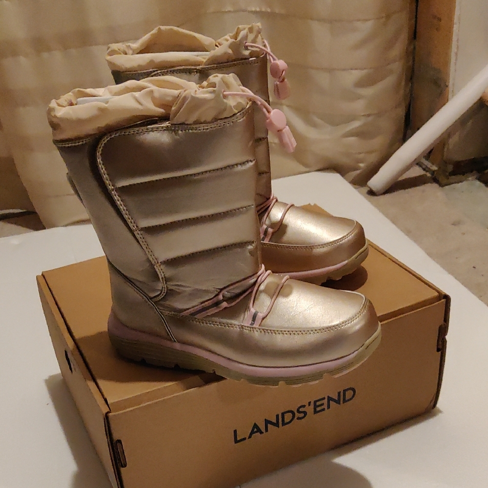 New! Lands' End Snow Flurry Metallic Gold Winter Snow Boots Sz 4